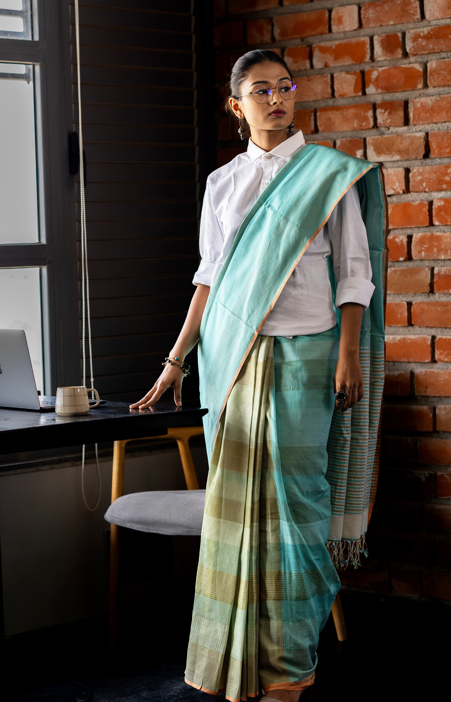 Sea blue with olive green, Handwoven Organic Cotton, Multi Textured Weave , Jacquard, Work Wear Saree